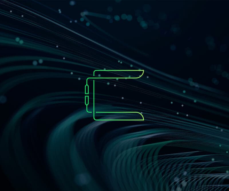 Flowing data graphic with green icon representing interconnectivity