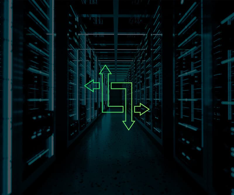 Dark data center corridor with green icon representing scalability