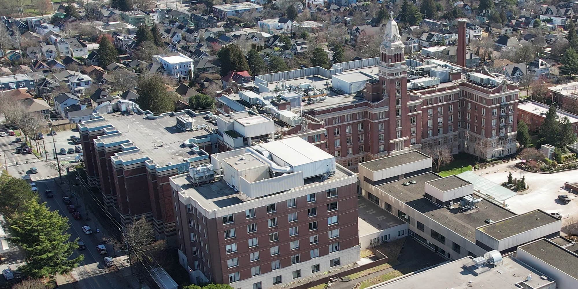 Aerial view of James Tower building in Seattle's Central District