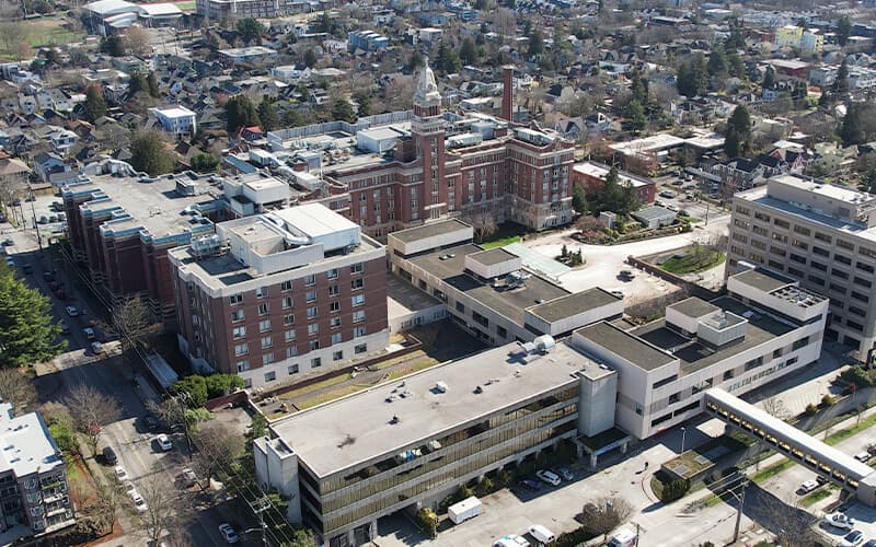 Aerial view of James Tower building in Seattle's Central District