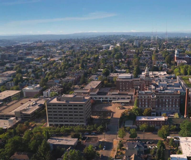 Aerial view of Cherry Hill medical campus in Seattle