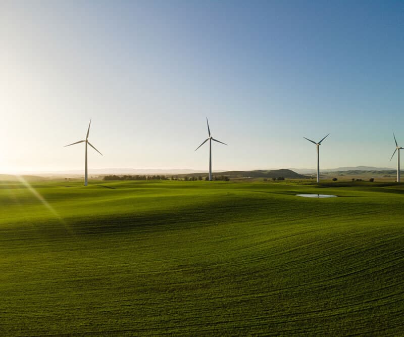 A group of wind turbines in a green field.