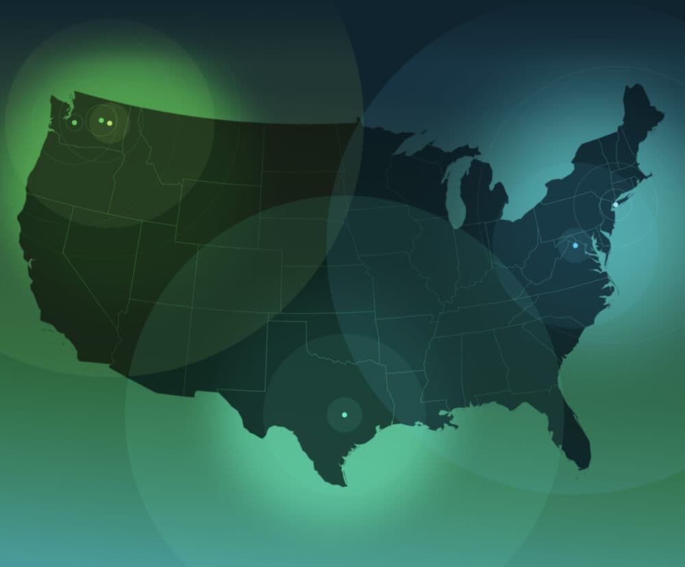 A stylized map of the United States with glowing dots in clusters in the northwest, south, and northeast.