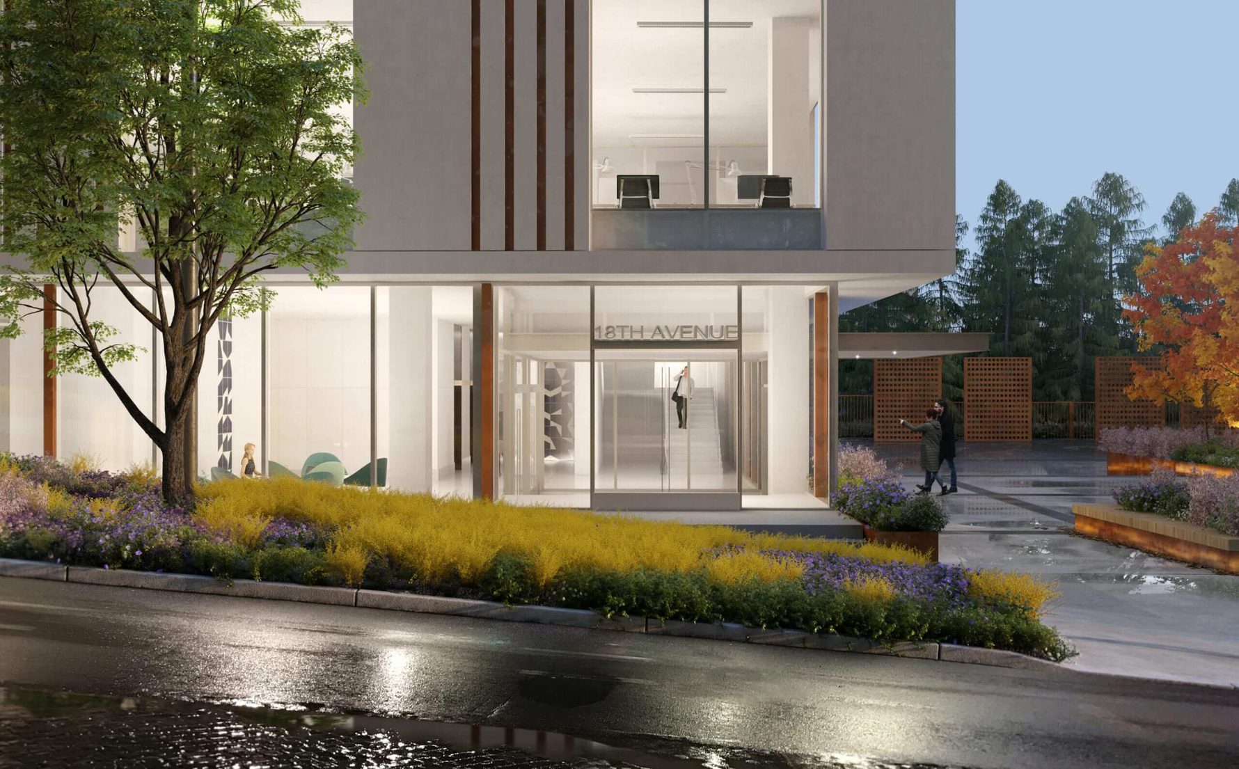 Side elevation detail of Sabey's Cherry Hill Campus at night