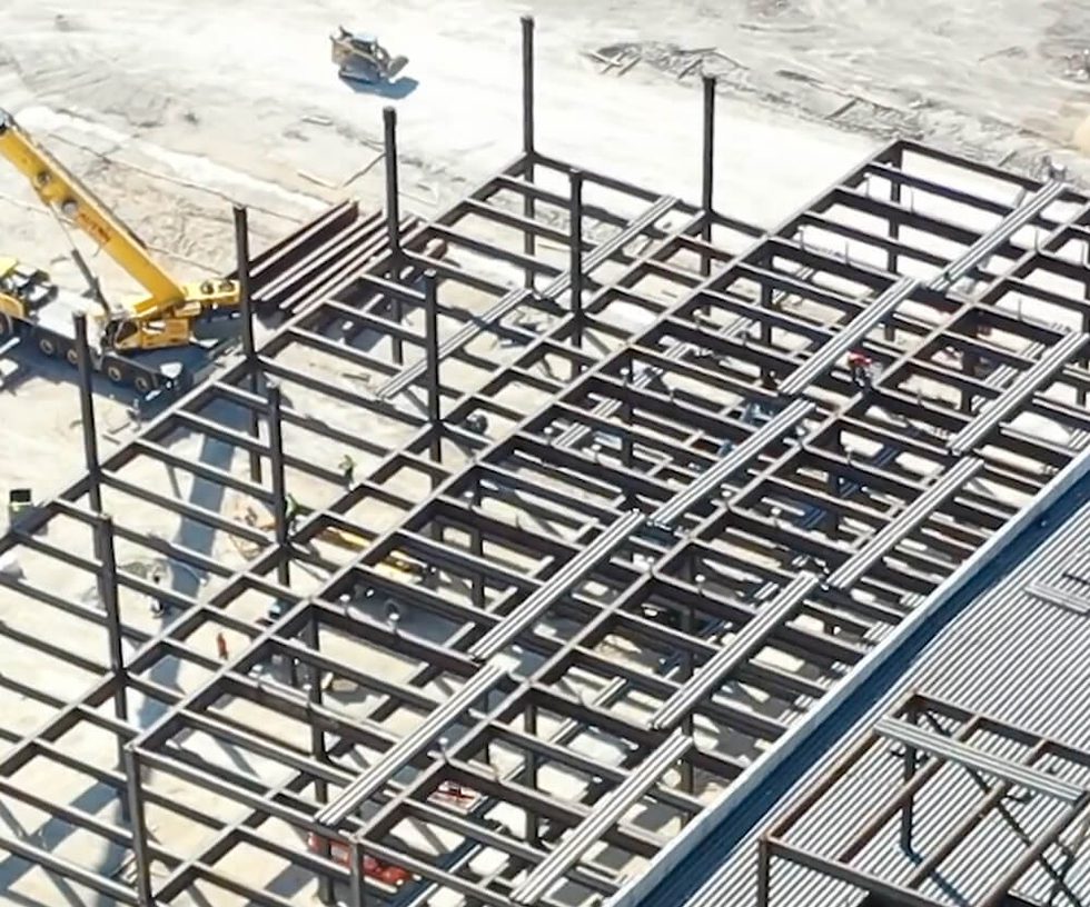 Overhead view of the metal frame of a new building