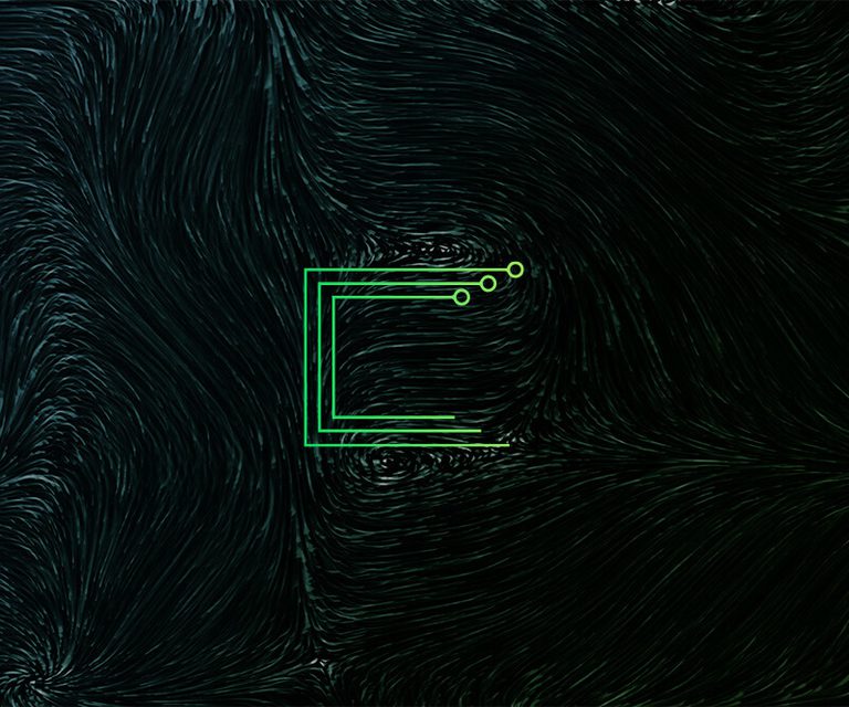 Abstract representation of flowing data, with a green icon representing network connections