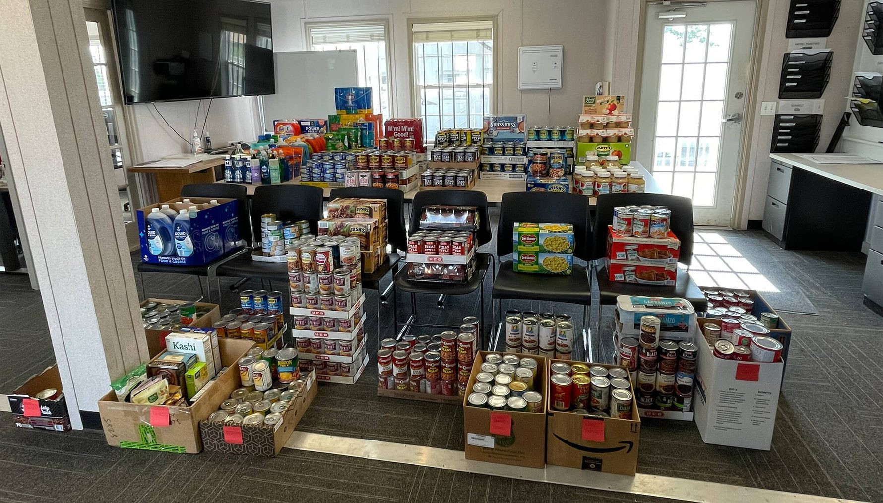 Cans of food collected for a food drive