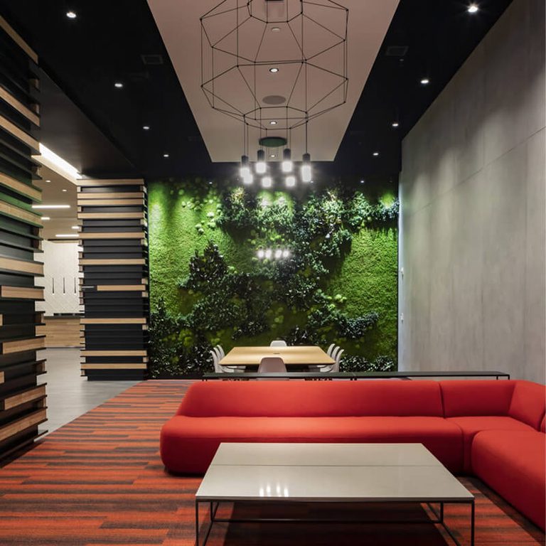 Sabey Data Center Manhattan lobby with red sofa